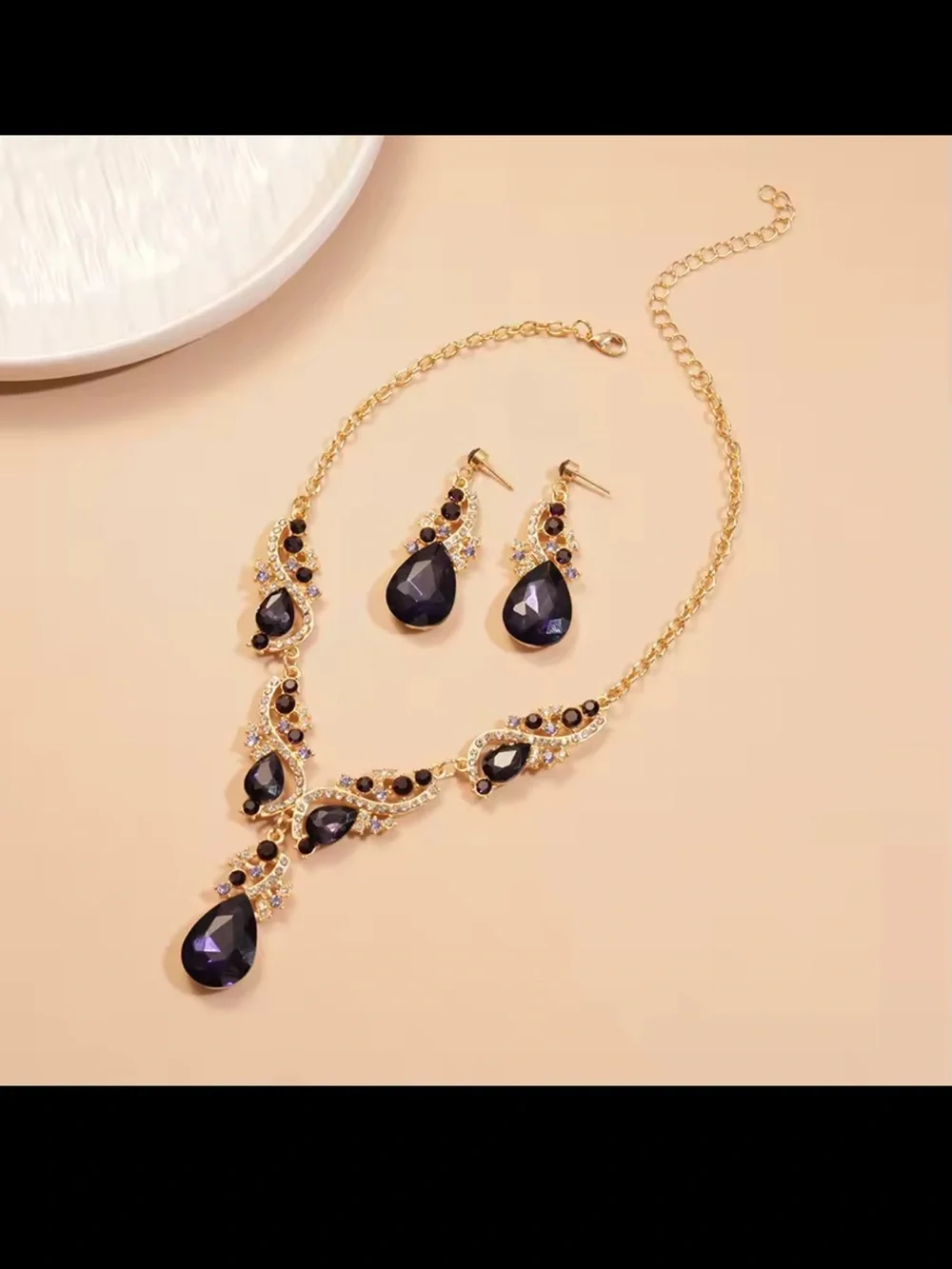 Vintage Purple Necklace and Earring Set with Black Teardrop Crystals